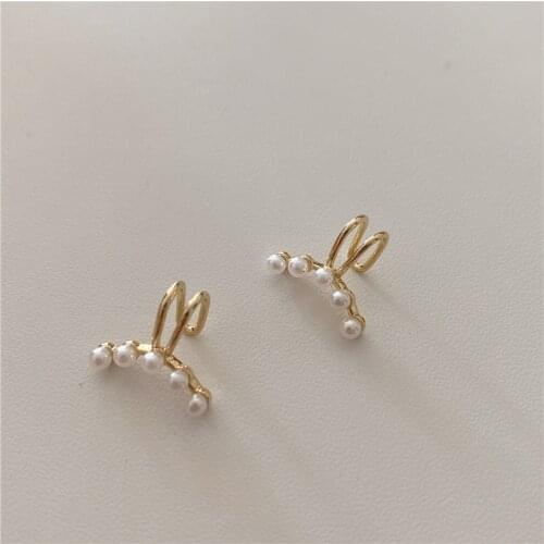 Korean Retro C Shape Simulated Pearl Earrings for Women Femme Gold Color Metal Long Arc Geometric Drop Earrings Vintage Jewelry