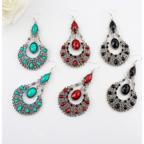 Boho Ethnic Hollow Crystal Dangle Earrings for Women Classic Tribal Long Water Drop Earrings Vintage Wedding Party Jewelry Gift