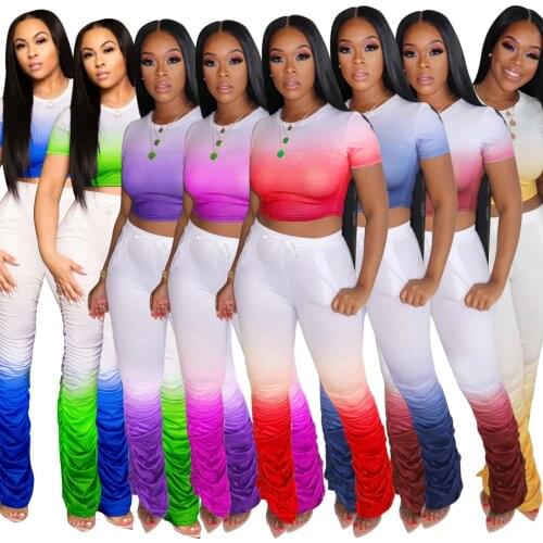 Women Gradient Color Crop Tops Pants Two Piece Set Neon Green Lady Short Sleeve Tees Stacked Leggings Flare Bottoms Matching Set