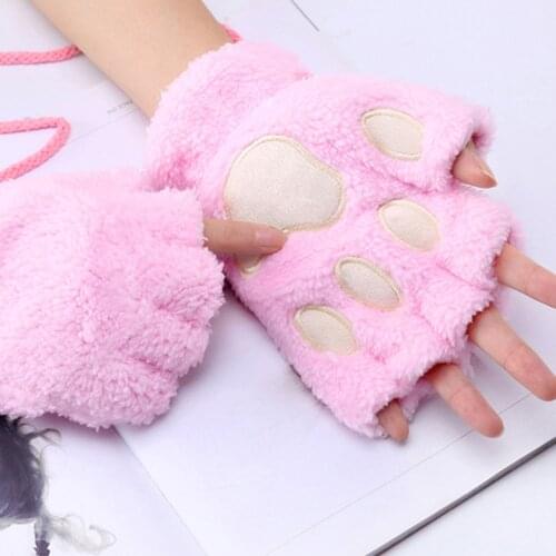 Women Winter Warm Gloves Thickening Fluffy Bear Cat Plush Paw Claw Half Finger Gloves Lovely Fingerless Mitten