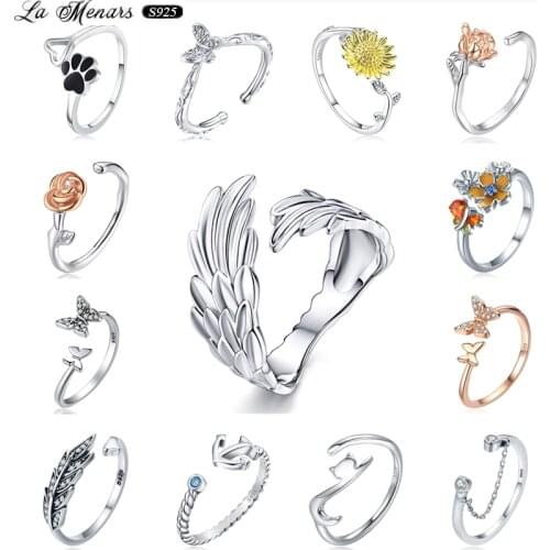 La Menars 925 Sterling Silver Angel Wings Open Adjustable Finger CZ Ring Women Personalized Fashion Accessories Holiday Gifts