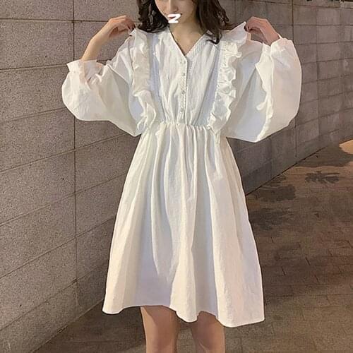 Korean White Black Shirt dress 2021 Summer Autumn Long Sleeve embroidery Ruffles Mini Dress Women Casual party Dresses vestidos