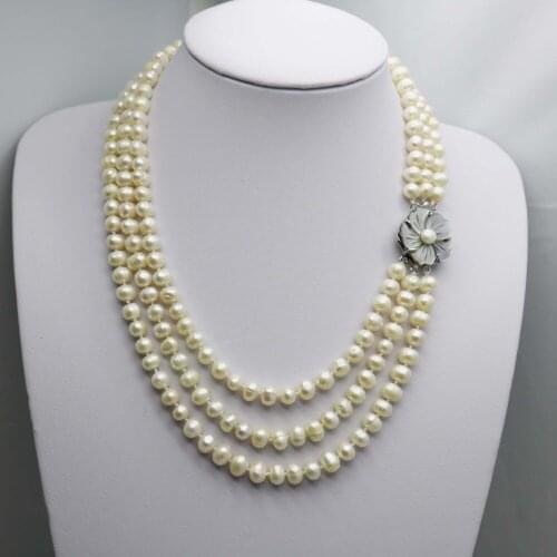 Fashion Popular Natural White Pearl Necklace 3Rows Neck chain Shell clasp Accessories for women girls ladies gifts Jewelry