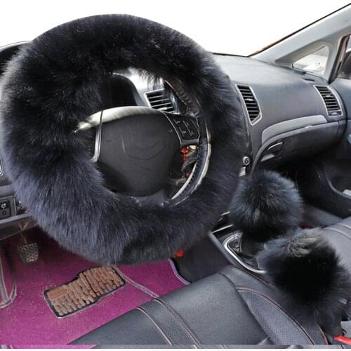 3Pcs/Set Faux Wool Steering Wheel Gear Shift Rod Brake Fluffy Cover Car Decor
