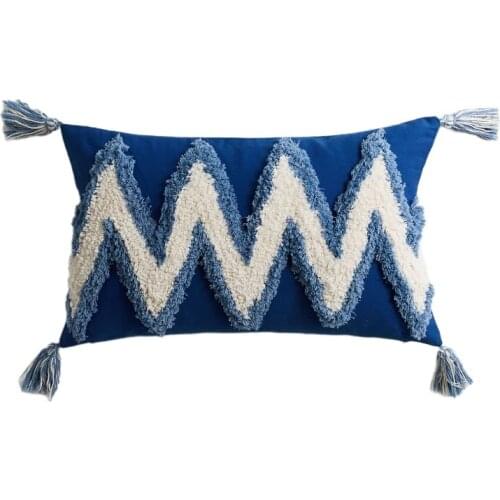 30x50cm Boho Lumbar Pillow Case White Blue Geometric Tufted Tassel Cushion Cover N1HF
