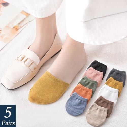 5 Pairs/Set No Show Toe Half Socks Womens Ultra Low Cut Solid Color Casual Cotton Non-Slip Invisible Flat Boat Liner Thin Socks