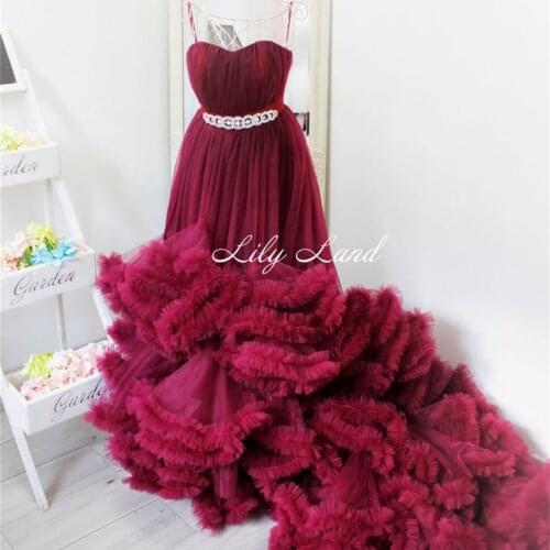 Burgundy Maternity Dresses Ruffles Puffy Skirts Maternity Gown for Photoshoot Boudoir Lingerie Bathrobe Nightwear Baby Shower