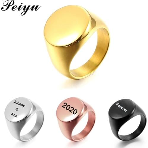 Mens Round Signet Ring Stainless Steel Personalized Band Ring Engraved Name Logo Customized Ring Biker Nightclub Jewelry Gift