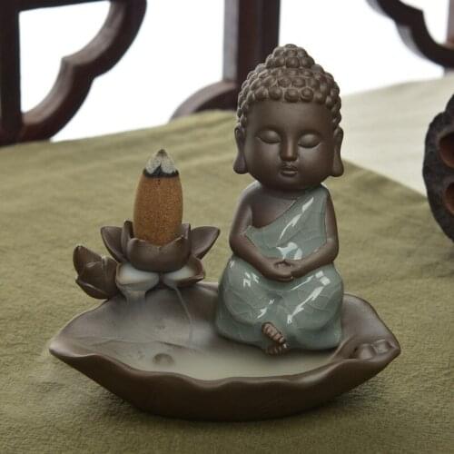Home Decor Buddhism Small Buddha Monk Incense Stick Burner Bullet Blackflow Incense Cones Or Burner Smoke Ceramic Censer N30