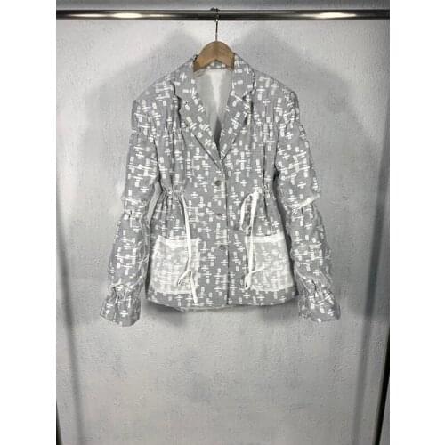 Hot Sale ! 11.7 Autumn Winter New Fashion Warm Jacquard Puff Sleeve Drawstring Collect Waist Blazer Coat Women Parkas Outerwear