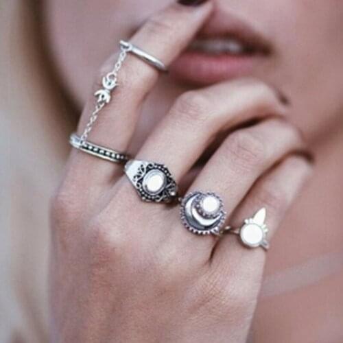 2020 Retro Natural Opal Stone Link Chains Midi Rings Jewelry For Women Moon Sun Finger Rings Set 5 Pcs/Set Tail Rings Wholesale