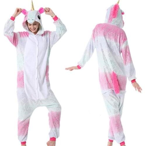Gold Unicorn Onesies Cartoon Kigurumi Adult Animal Jumpsuit Women Pajamas Winter Pajamas Suit Sleepwear Flannel Pijamas