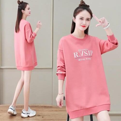 Korean Loose Mid-Length Letter Print Sweatshirt Women Spring Casual O-Neck Long Sleeve Tops Fashion Tracksuit Thin Pullover Tops