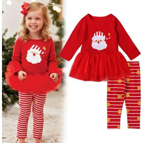 Infant Kids Red 2 Piece Set Christmas Santa Claus Print Costume Baby Child Girls Cute Dresse Tops+Stripe Long Pants Suits Autumn