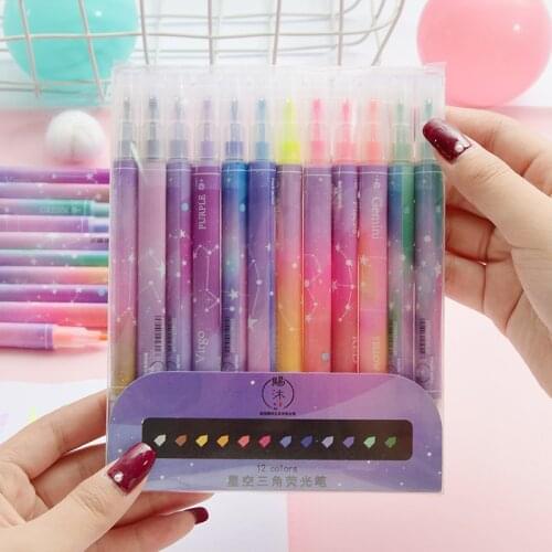 12PCS Highlighter Double-head Art Marker Pens Pastel Liquid Fluorescent Pen Color Pens Stationery Notebook School Supplies
