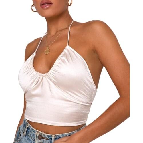 Sexy Satin Camisole Top Women Crop Tops Vest Solid Color Backless Halter Tank Top Tight Lace Up Tube Top Streetwear Women Tops