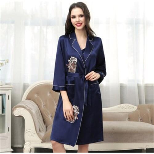 New 100% Mulberry Silk Robe Sleepwear Set Summer Sexy Sling Nightdress Womens Pajamas Ladies Dress Kimono Home Clothes Pijama
