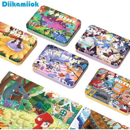 New 208 Pieces Iron Box Wooden Jigsaw Puzzle Baby Educational Wood Toy kids Animal Vehicle Dinosaur Puzzles Toys for Children