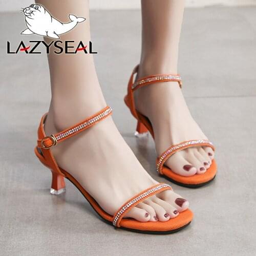 LazySeal CrystalsThin Heel Buckle Sandals For Women Slippers 5cm Heel New Summer Beach Ladies Slides Bohemian Female Dress Shoes
