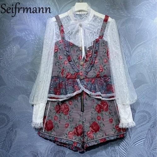 Seifrmann New 2021 Autumn Women Fashion Designer Party Shorts Sey Lantern Sleeve Bow Ruffles Tops + High Waist Print Shorts Suit