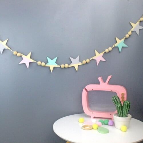 Nordic Wooden Beads Stars Hanging Banners Baby Room Wall Hanging Decoration Kids Tent Decor Ornaments Photography prop Gift