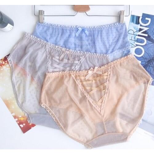 Plus Size Transparent Panties for Women Sexy Lace Thin Dot Bow Mesh Panties Womens Underwear High Waist Briefs of Large Size