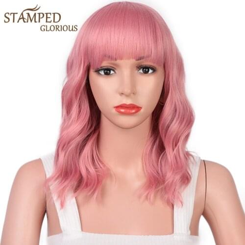 Stamped Glorious 14inches Natural Wave Wig Pink Wig With Neat Bangs Synthetic Short Wigs for Women Heat Resistant Fiber Hair