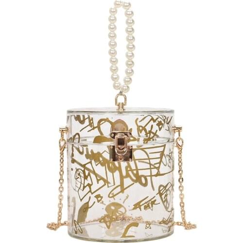 Graffiti Pattern Acrylic Bucket Chain Shoulder Bag for Women Fashion Party Clutch Dazzling Purses Handbags Female Pearl Wrist