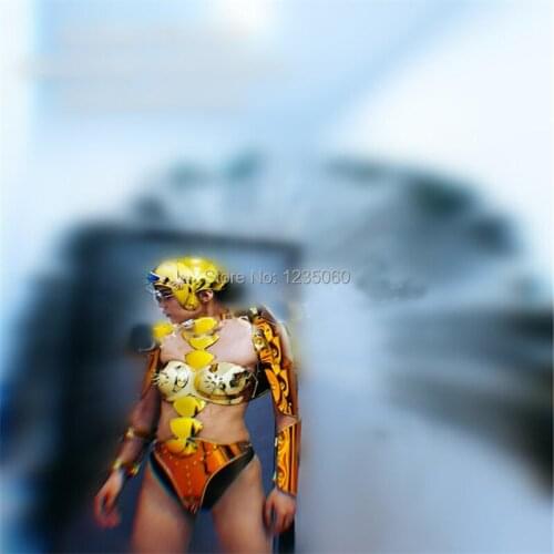 Singer robot women suit dance stage costumes catwalk show dress rivets bodysuit gold mirror clothes party models dress club