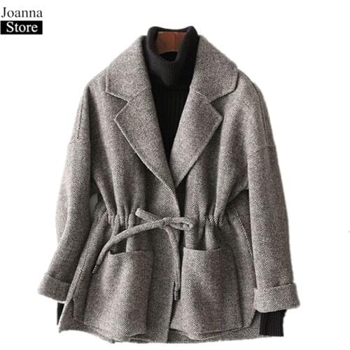 Spring New Plaid Short Double-Sided Wool Woolen Coat Women Lapel Drawstring Slim Vintage Jackets Office Ladies Plus Size Clothes