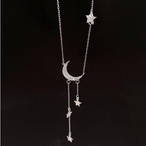 Utimtree New Silver 925 Sterling Moon Star Tassel Necklaces Jewelry Crystal Zircon Statement Chain Necklace For Women collares
