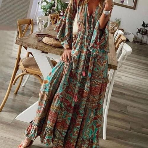 Women Maxi Dress V-Neck Floral Print Three Quarter Sleeve Robes Summer Casual Party Beach Long Dress Femme Robes Vestidos