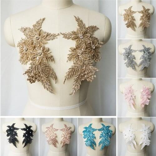 2Pcs Rhinestones Sequin Embroidered Lace Applique Sewing Flower Fabric Patch For Wedding Gown Bridal Dress Clothes DIY Crafts