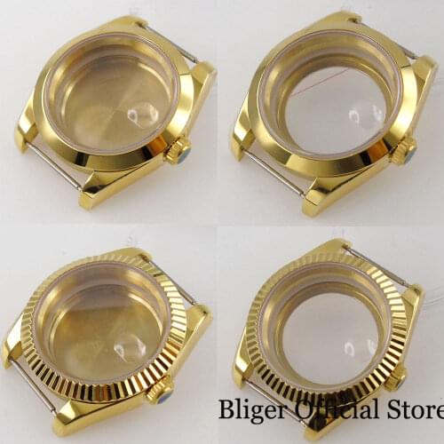 39mm fit NH35A NH36A ETA MIYOTA Yellow Gold Coated Polish/Fluted Bezel Nologo Watch Case Glass Back/Sold Back