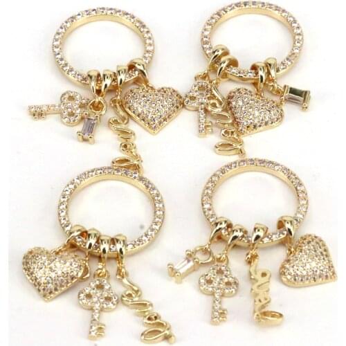 5Pcs Bohemia Crystal Cz Gold Key/Heart/Love Circle Charms Pendants For Jewelry Making Copper Zircon Women Jewelry Accessories