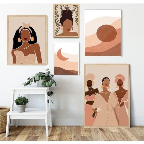 Abstract Boho Black Woman Nordic Posters And Prints Wall Art Sun Moon Canvas Painting Girl Wall Pictures For Living Room Decor