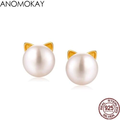 Anomokay Lovely Little Cat Pearl Earring for Women Girl Birthday Gift 100% 925 Sterling Silver Cute Gold Color Cat Ear Earrings