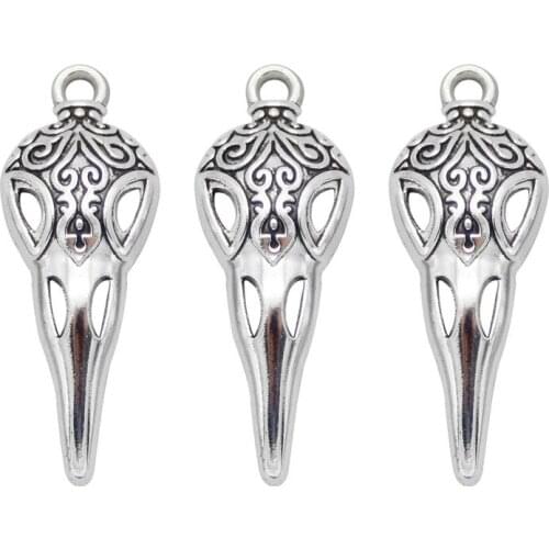 Julie Wang 10PCS Bird Beak Charms Vintage Pattern Antique Silver Color Raven Skull Head Pendant Punk Jewelry Making Accessory