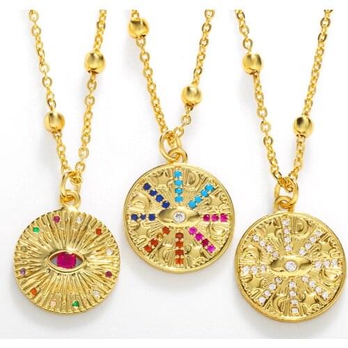 FLOLA Multicolor Round Evil Eye Necklace For Women Gold Chain Turkish Eye Pendant Necklace CZ Greek Lucky Jewelry Gifts nkes56