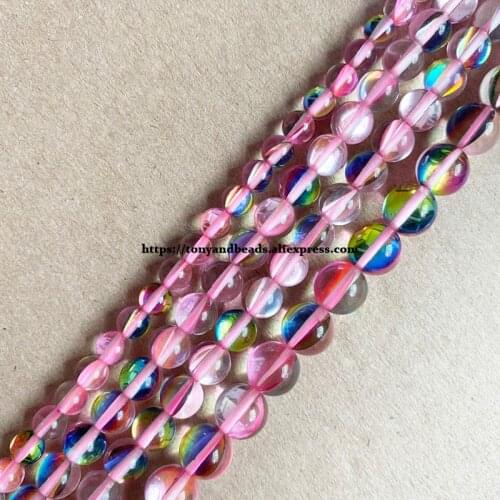 Smooth K9 Bicolor Pink Rainbow Austria Crystal Synthetic Moonstone Round Loose Beads 15" 6 8 10MM Pick Size For Jewelry DIY