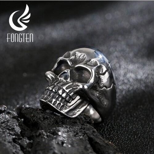 Fongten Gothic Skull Head Men Viking Fashion Blacken Stainless Steel Male Punk Finger Rings Jewelry