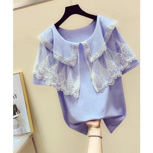 Lace mesh turn-down collar women t-shirts 2020 summer new loose casual female lady pulls tops tees top quality