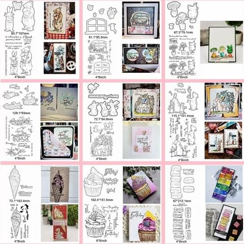 Mix Cute Animals Ice Cream Macaron Plant Dessert Leaves Flower Metal Cutting Dies Match Clear Silicone Stamps Decorate Cards New