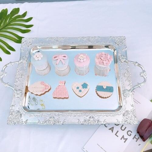 Fashion Rectangular Metal Cake Pan Serving Tray Bandeja Decorativa FoodTray Decorative Silver Metal Serving Trays FT018