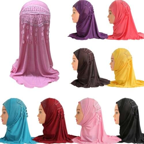 Muslim Kids Girls Hijab Tassel One Piece Amira Turban Head Scarf Shawl Wrap Islamic Rhinestone Prayer Hijabs Cap Hat Arab Hijabs