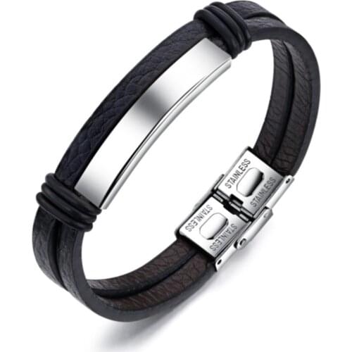 Gray Steel and Black Leather Mens Bracelet 2021 Jewelry Fashion