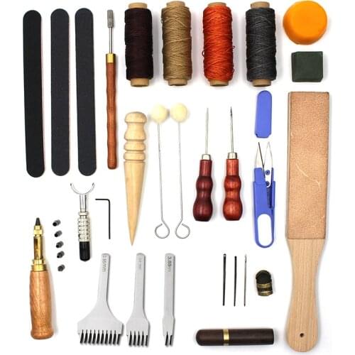 Leather Craft Tool Set Punch Tool Awl Wax Line Leather Needle Grinding Rod Engraving Grinding Blade Leather Sewing Stitching Kit