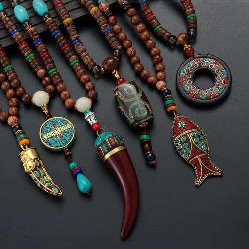 Handmade Nepal Necklace Buddhist Mala Wood Beaded Pendant Necklace Women Men Ethnic Horn Fish Long Statement Jewelry Lucky Gift