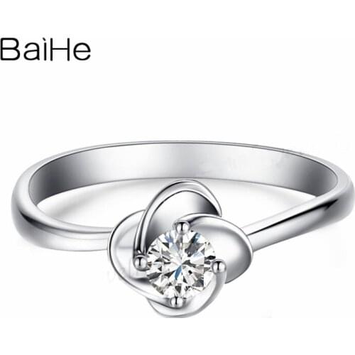 BAIHE Solid 14k White Gold 3.7mm Cubic Zirconia Engagement Wedding Band Trendy Beautiful Flower Ring Women Fine Jewelry Making