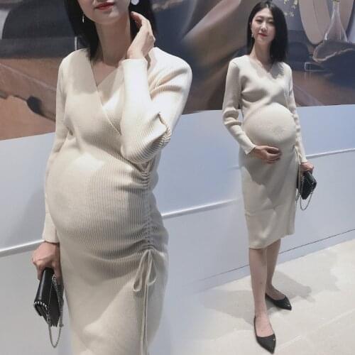 Autumn Winter Knitted Sweaters Maternity Dress for Pregnant Women Breastfeeding Slim V-Neck Nursing Long Pregnancy Dress New
